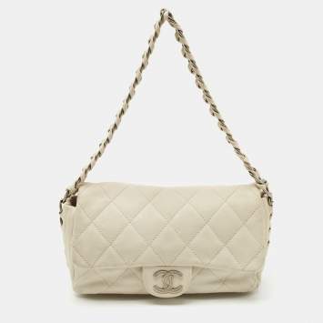 Pre Owned Chanel Off White Quilted Leather Braided Flap Bag