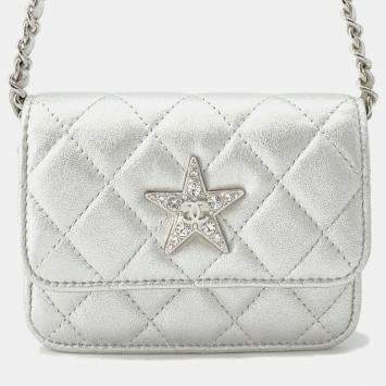 Pre Owned Chanel Matelasse Star Motif Silver Lambskin Chain Card Case