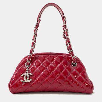 Pre Owned Chanel Mademoiselle Red Patent Leather Chain Bowling Bag 
