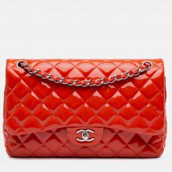 Pre Owned Chanel Orange Jumbo Classic Patent Double Flap