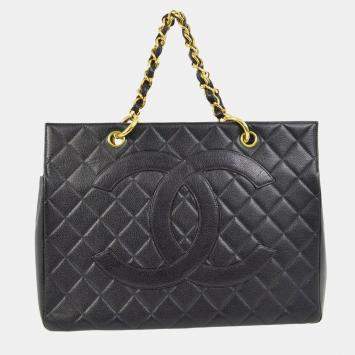 Pre Owned Chanel Black Calfskin Tote Chain Handbag