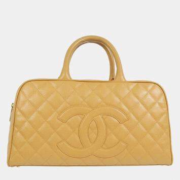 Pre Owned Chanel Bowling Beige Caviar Leather Top Handle Bag