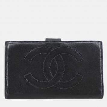 Pre Owned Chanel Black Lambskin Long Wallet