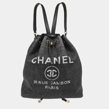 Pre Owned Chanel Deauville Black Straw Bucket Backpack