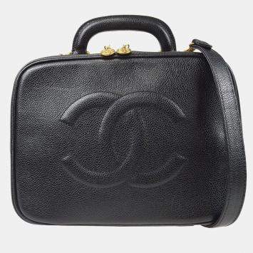 Pre Owned Chanel Vintage Timeless Zip Around Black Caviar Vanity Case 