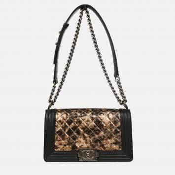 Pre Owned Chanel Boy Medium Black Bronze Lambskin Shoulder Bag