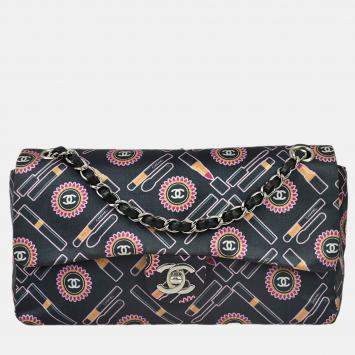 Pre Owned Chanel Classic Single Flap Black Satin Lipstick Shoulder Bag