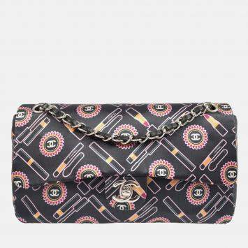 Pre Owned Chanel Lipstick Classic Single Flap Black/Pink Satin Shoulder Bag
