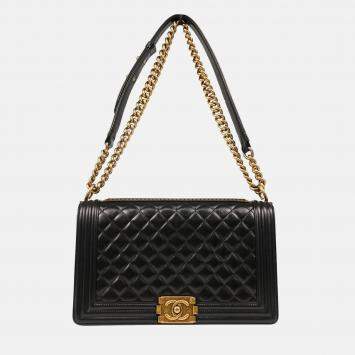 Pre Owned Chanel Boy Medium Black Calfskin Shoulder Bag