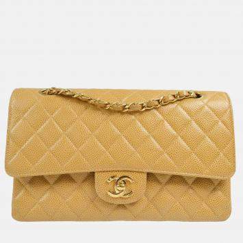 Chanel Classic Double Flap Medium Beige Caviar Leather Shoulder Bag