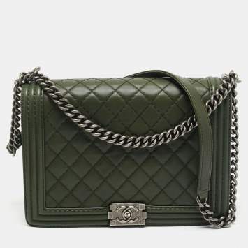 Pre Owned Chanel Military Green Quilted Leather Large Boy Flap Bag
