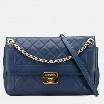 Pre Owned Chanel Navy Blue Large Lambskin Chic With Me Flap