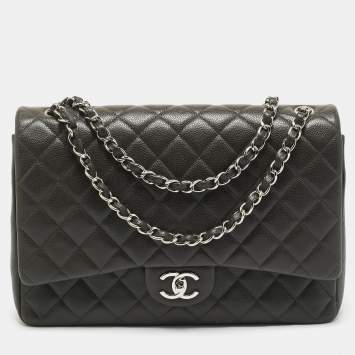 Pre Owned Chanel Dark Grey Quilted Caviar Leather Maxi Classic Double Flap Bag