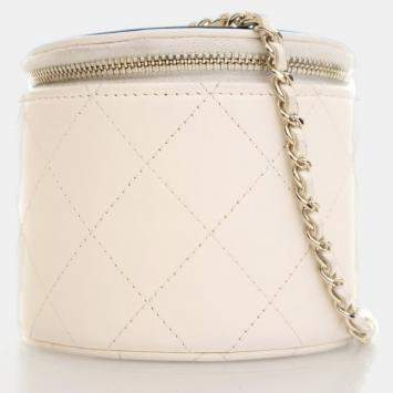 Pre Owned Chanel Round Vanity Small White Lambskin Crossbody Bag