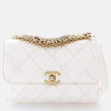 Pre Owned Chanel CC Crystal Logo Mini White Lambskin Shoulder Bag