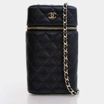Pre Owned Chanel Vanity CC Black Caviar Phone Holder With Chain