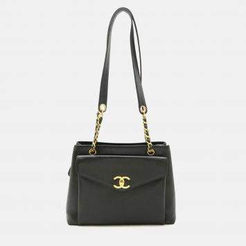 Chanel Coco Mark Tote Bag Chain Shoulder Caviar Skin Leather Black