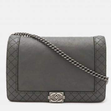 Chanel Boy Chanel Coco Mark Chain Wallet Shoulder Bag Pochette Quilted Leather Grey