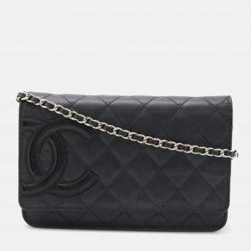 Chanel Cambon Line Coco Mark Chain Wallet Shoulder Bag Pochette Calfskin Enamel Black