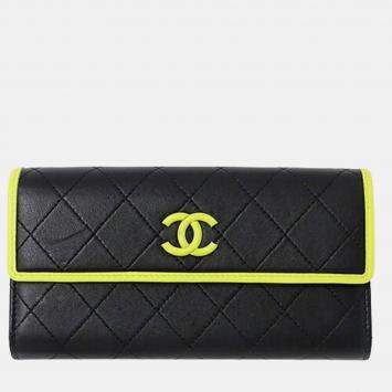 Chanel Wallet Matelasse Long Lambskin Black Yellow Bicolor