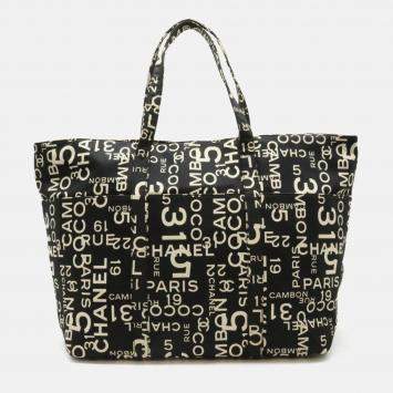 Chanel By Sea Line Tote Bag Large Plastic Chain Canvas Black Ivory