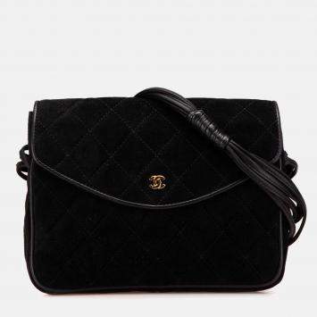 Chanel Black CC Quilted Suede Shoulder Bag