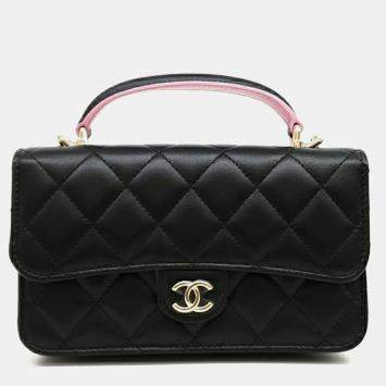 Chanel Black Leather Lambskin Top Handle Mini Chain Crossbody Bag