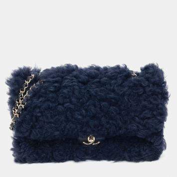 Chanel Navy Blue Fur shearling chain shoulder bag