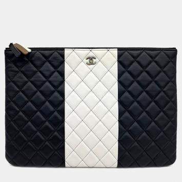 Chanel Black White Leather Clutch Large