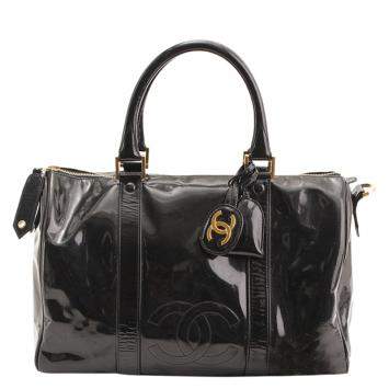 Pre Owned Chanel Black Patent Leather Vintage CC Boston Bag