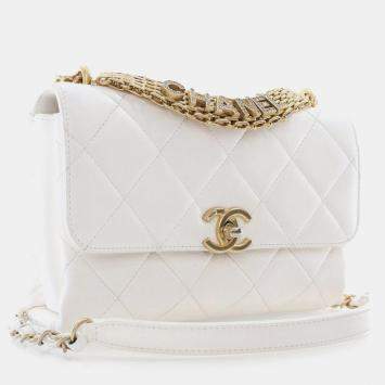 Chanel Silver Small Quilted Lambskin Crystal Logo Letters Chain Flap