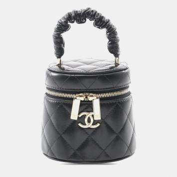 Chanel Black Mini Quilted Lambskin Ruched Handle Vanity Case