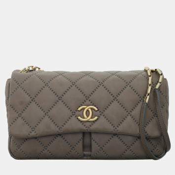 Chanel Stitch It Grey Leather Double Pocket Flap Bag