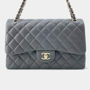 Chanel Jumbo Classic Double Flap Grey Caviar Leather Chain Shoulder Bag