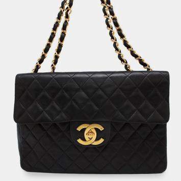Chanel CC Jumbo Black Lambskin Chain Shoulder Bag 