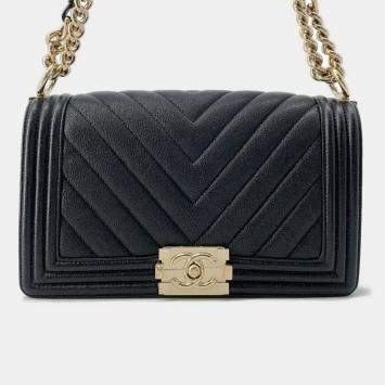 Chanel Boy Chain Black Soft Caviar Leather Shoulder Bag 