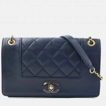 Chanel Shoulder Bag Leather Metal Navy Gold