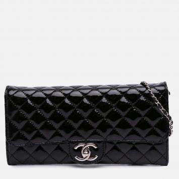 Chanel Black Quilted Patent East West Wallet On Chain