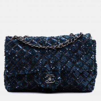 Chanel Blue Medium Sequined Satin Single Flap