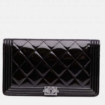 Chanel Black Quilted Patent Boy Long Wallet