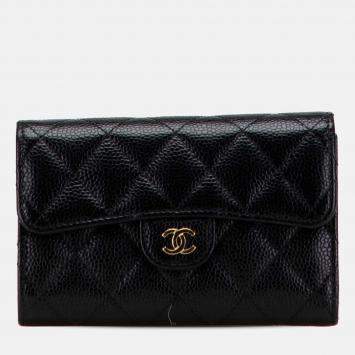 Chanel Black CC Quilted Caviar Trifold Flap Wallet