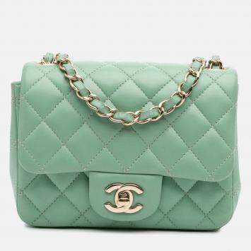 Chanel Green Mini Square Classic Lambskin Single Flap
