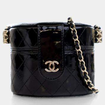 Chanel Mini Black Patent Round Vanity Case With Chain
