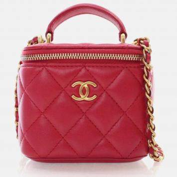 Chanel Mini Red Lambskin Top Handle Vanity Case With Chain