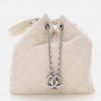 Chanel White Caviar CC Chain Drawstring Bucket Bag