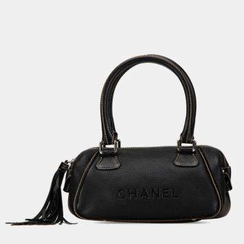Pre Owned Chanel Embossed  Black Leather Boston Bag