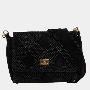 Chanel Diamond Stitch Black Suede Messenger Bag