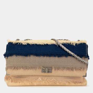 Chanel 2.55 Beige Navy Linen Chain Shoulder Bag 
