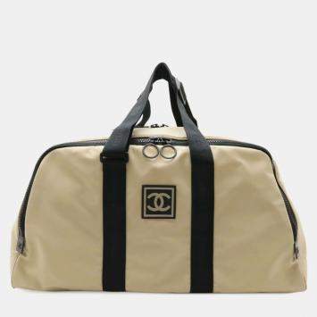 Chanel Sport Line Coco Mark Beige Black Nylon Canvas Boston Bag 