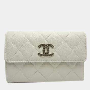Chanel White Caviar Skin Long Tri-Fold Wallet  
